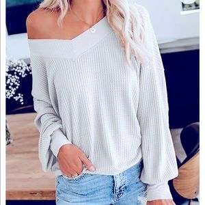 Off the shoulder waffle knit v neck sweater